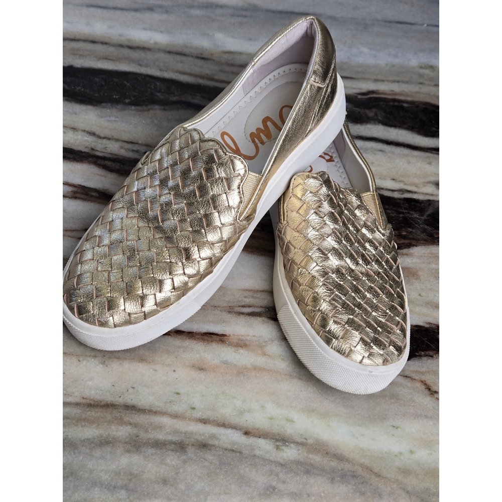 Sam Edelman Womens Gold Woven Metallic Leather Slip On Sneakers size 6